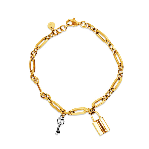 TWO-TONE LOCK AND KEY CHARM BRACELET IN 18K GOLD