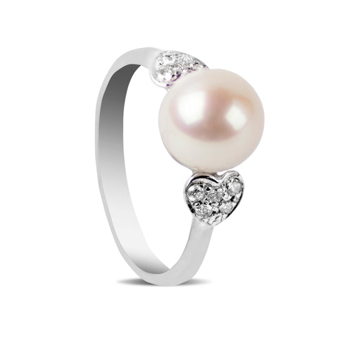 DIAMOND PEARL RING WITH HEART IN 14K WHITE GOLD