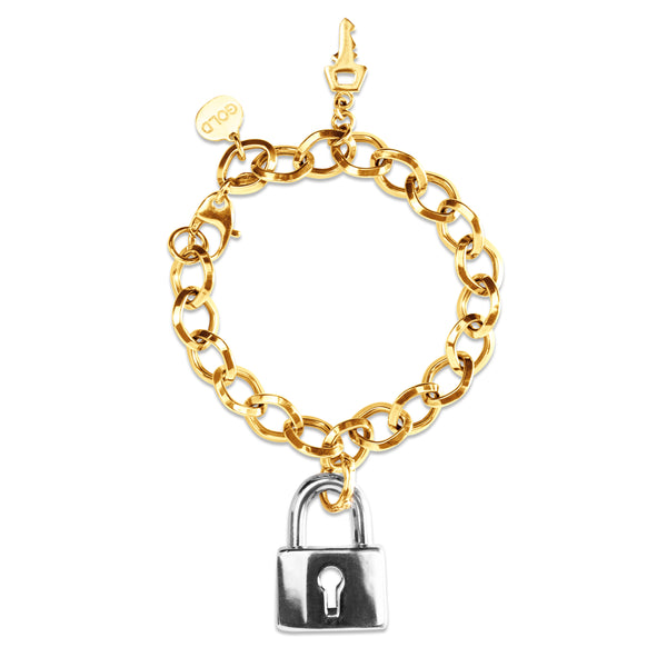 TWO-TONE LOCK AND KEY CHARM BRACELET IN 14K YELLOW GOLD