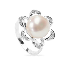 CULTURED PEARL SET FLOWER WITH DIAMONDS IN 14K WHITE GOLD