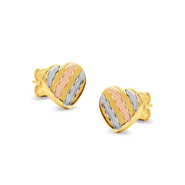 TRI-COLOR HEART STUD EARRINGS IN 14K GOLD