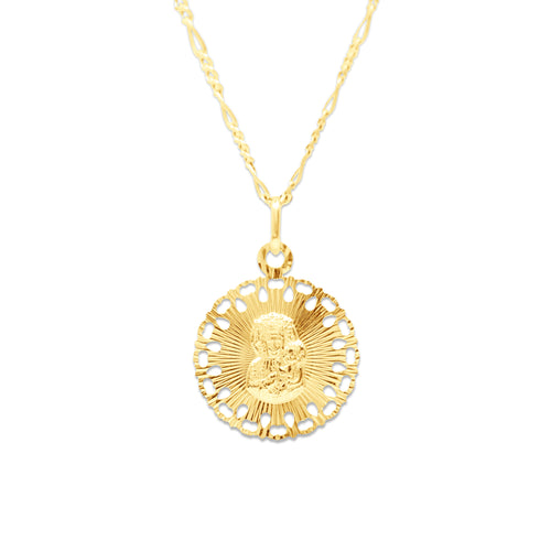 MOTHER & CHILD MEDAL IN FILIGREE WITH FIGARO CHAIN IN 18K YELLOW GOLD