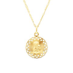 MOTHER & CHILD MEDAL IN FILIGREE WITH FIGARO CHAIN IN 18K YELLOW GOLD
