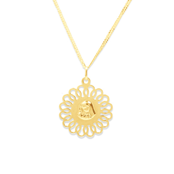 MOTHER AND CHILD IN FILIGREE MEDAL WITH BARB CHAIN IN 18K YELLOW GOLD