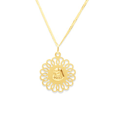 MOTHER AND CHILD IN FILIGREE MEDAL WITH BARB CHAIN IN 18K YELLOW GOLD