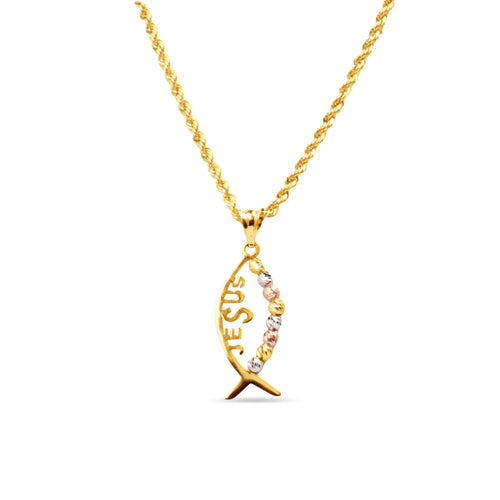 TRI COLOR FISH JESUS PENDANT WITH ROPE CHAIN IN 18K GOLD