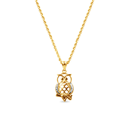 TWO-TONE OWL PENDANT WITH ROPE CHAIN IN 18K GOLD