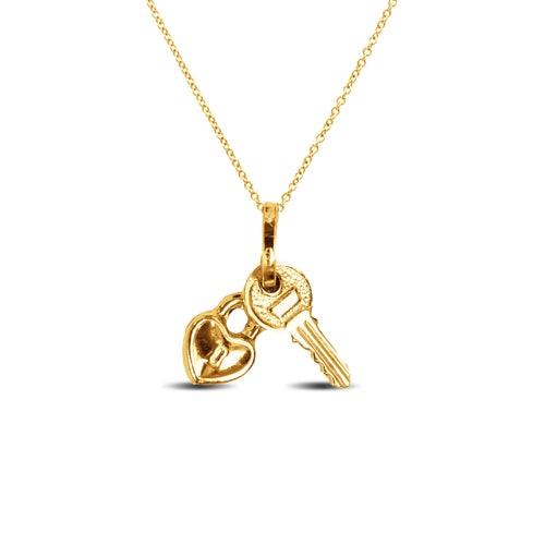HEART LOCK AND KEY PENDANT WITH FINE CABLE CHAIN IN 18K YELLOW GOLD
