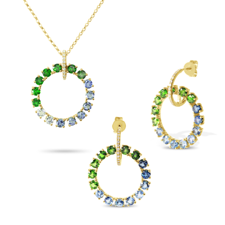 COLORED STONE SET EARRING AND NECKLACE IN 14K GOLD