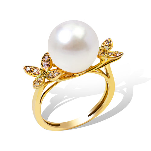 CULTURED PEARL RING WITH DIAMONDS IN 14K YELLOW GOLD