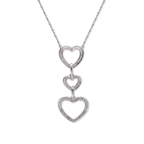 THREE HEART PAVE NECKLACE WITH DIAMONDS IN 14K WHITE GOLD