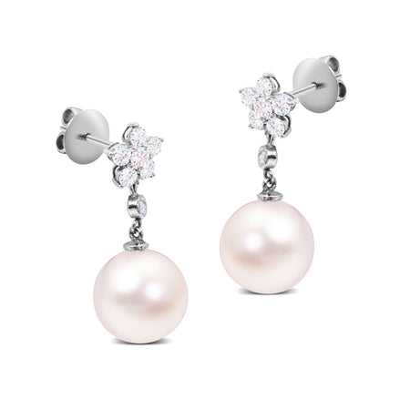 CLUSTER DIAMOND WITH ROUND SOUTH SEA PEARL IN DANGLE EARRINGS IN 14K WHITE GOLD