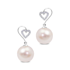 HEART DIAMOND WITH  ROUND SOUTH SEA PEARL DANGLE EARRINGS IN 14K WHITE GOLD