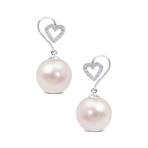 HEART DIAMOND WITH  ROUND SOUTH SEA PEARL DANGLE EARRINGS IN 14K WHITE GOLD