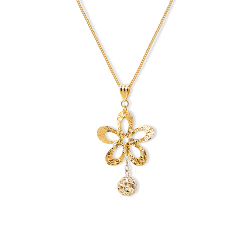 FLOWER AND BALL CHARM PENDANT WITH DAPPED BAR CHAIN IN 14K GOLD