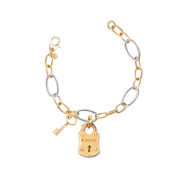 TWO-TONE LOCK AND KEY CHARM BRACELET IN 18K GOLD