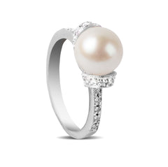 PEARL RING WITH DIAMONDS IN 14K WHITE GOLD