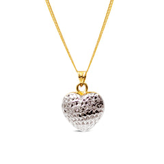 RIVERSIBLE TWO-TONE TEXTURED HEARPENDANT WITH BARB CHAIN IN 14K GOLD