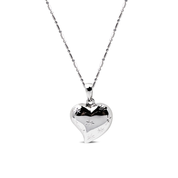 TEXTURED HEART PENDANT WITH ROUND AND LINK CHAIN IN 14K WHITE GOLD