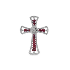 CROSS PENDANT WITH COLORED STONE AND DIAMONDS IN 18K WHITE GOLD