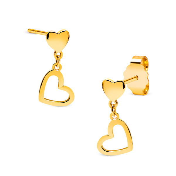 DOUBLE HEART DANGLING EARRINGS IN 18K YELLOW GOLD