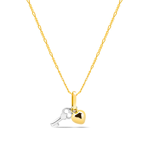 TWO-TONE HEART & KEY PENDANT WITH FIGARO CHAIN IN 18K GOLD