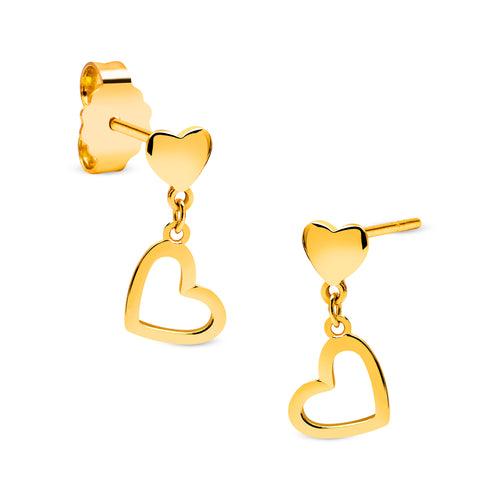 DOUBLE HEART DANGLING EARRINGS IN 18K YELLOW GOLD