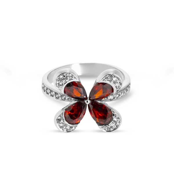 LADIES RING WITH COLORED STONE GARNET WITH ZIRCONIAN STONES IN 18K WHITE GOLD