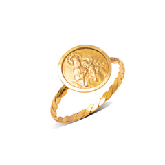 TWISTED RING WITH MARY AND JESUS IN 14K YELLOW GOLD