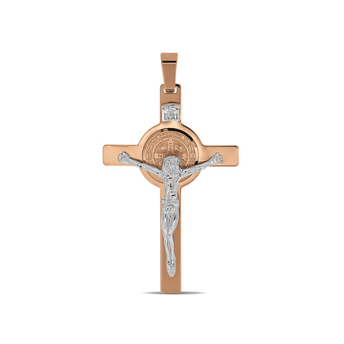TWO-TONE ST. BENEDICT CRUCIFIX PENDANT IN ROSE & WHITE 14K GOLD