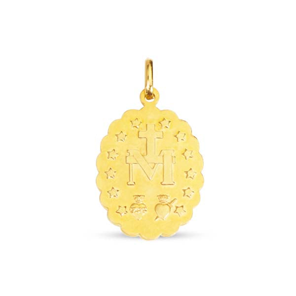 OUR LADY OF THE MIRACULOUS MEDAL IN SCALLOP FRAME IN 14K YELLOW GOLD