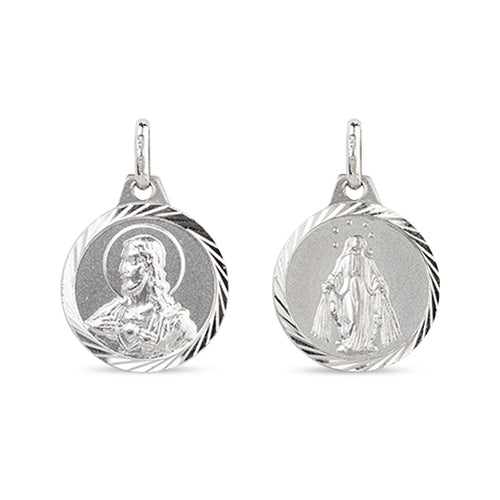 SACRED HEART & MARY 14K WHITE GOLD SPANISH MEDAL