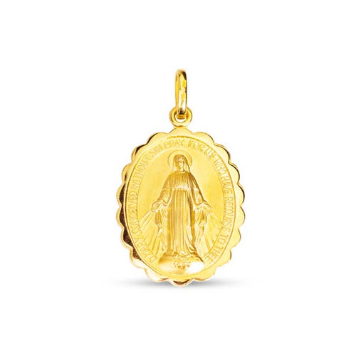 OUR LADY OF THE MIRACULOUS MEDAL IN SCALLOP FRAME IN 14K YELLOW GOLD