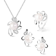 CULTURED PEARL FLOWER SET WITH DIAMONDS IN 14K WHITE GOLD