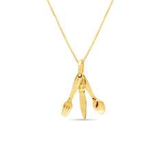 SPOON FORK AND KNIFE PENDANT WITH FINEBOX CHAIN IN 18K YELLOW GOLD