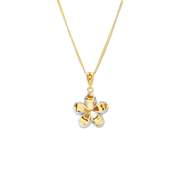 TWO-TONE FLOWER  PENDANT WITH FINE BARB CHAIN IN 14K YELLOW GOLD