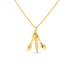 SPOON FORK AND KNIFE PENDANT WITH ROPE CHAIN IN 18K YELLOW GOLD