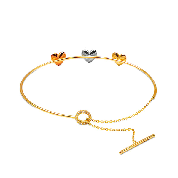 TRI COLOR HEART BANGLE WITH CUBIC CZIRCONIAN IN 18K GOLD