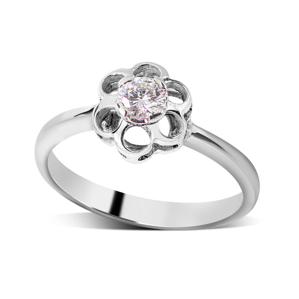 FLOWER RING AND EARRING SET WITH DIAMONDS IN 14K WHITE GOLD