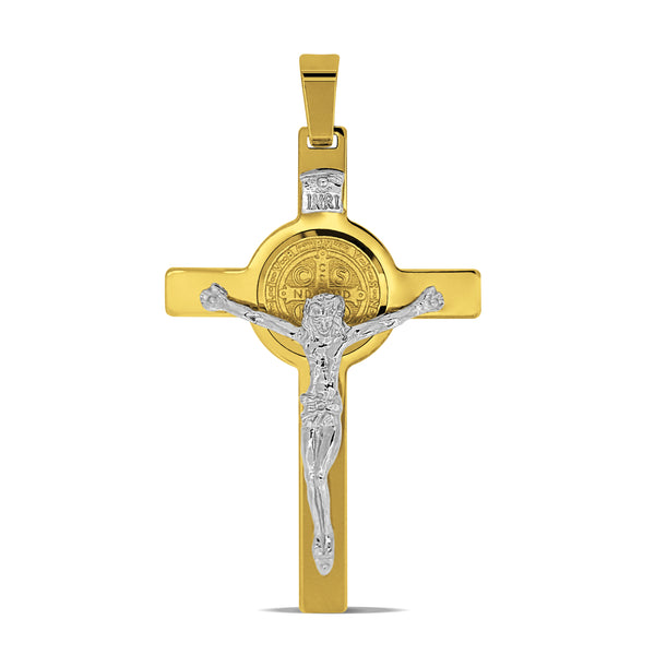 TWO-TONE ST. BENEDICT CRUCIFIX PENDANT IN YELLOW & WHITE 14K GOLD