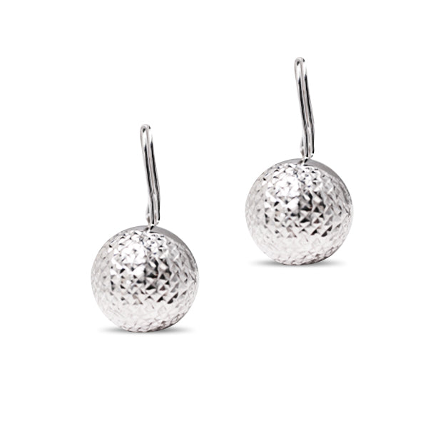 TEXTURED BALLS DESIGN DANGLING EARRINGS IN 18K WHITE GOLD