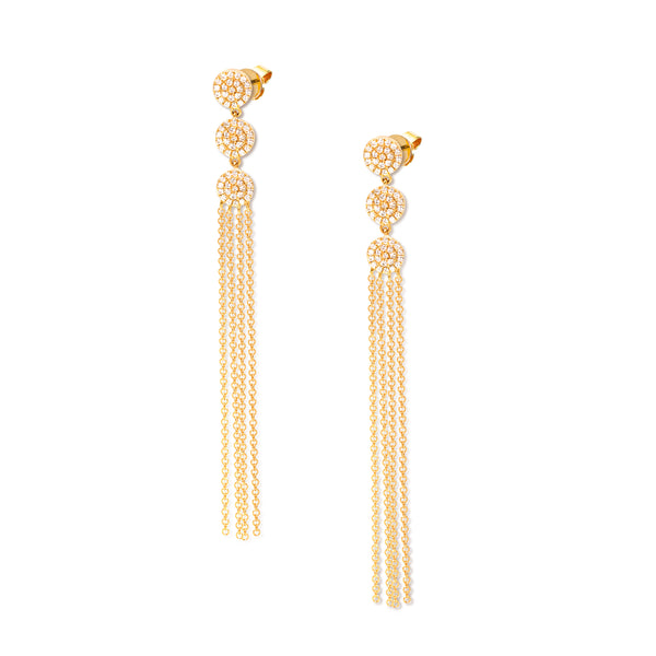 CIRCLE SHAPE STATEMENT DROP CHAIN EARRINGS WITH DIAMONDS IN 14K YG