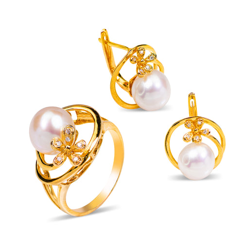FLOWER DESIGN WITH DIAMONDS CULTURED PEARL SET IN 14K YELLOW GOLD