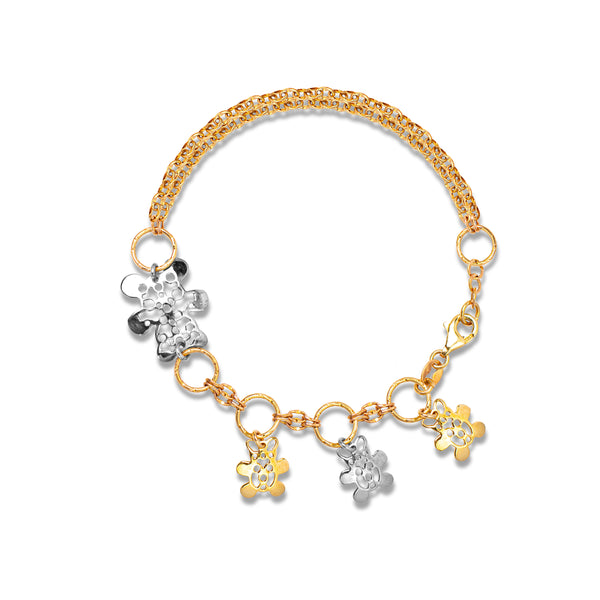 TEDDY BEAR DESIGN WITH CABLE CHAIN CHARMS BRACELET IN 14K TWO-TONE GOLD