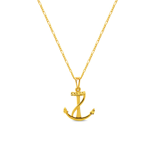 TEXTURED ANCHOR PENDANT WITH FIGARO CHAIN IN 18K YELLOW GOLD