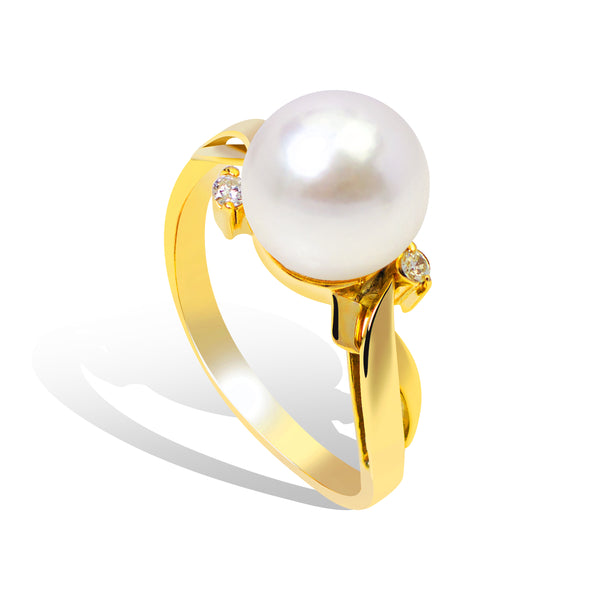 CULTURED PEARL RING WITH 2 DIAMONDS IN 14K YELLOW GOLD