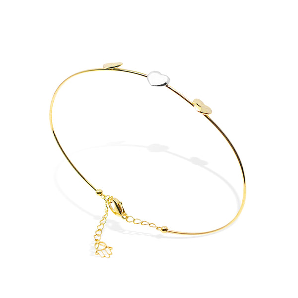 TWO-TONE HALF BANGLE WITH 3 HEARTS IN 18K GOLD