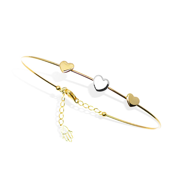 TWO-TONE HALF BANGLE WITH 3 HEARTS IN 18K GOLD