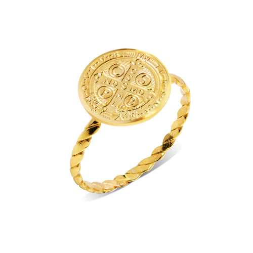 TWISTED RING WITH SAINT BENEDICT MEDAL IN 14K YELLOW GOLD